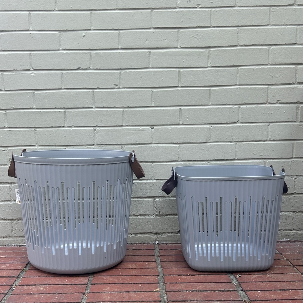 HandyMan Ventilated Storage Tote Basket Neutral Utility Bin Leather Handles SET
